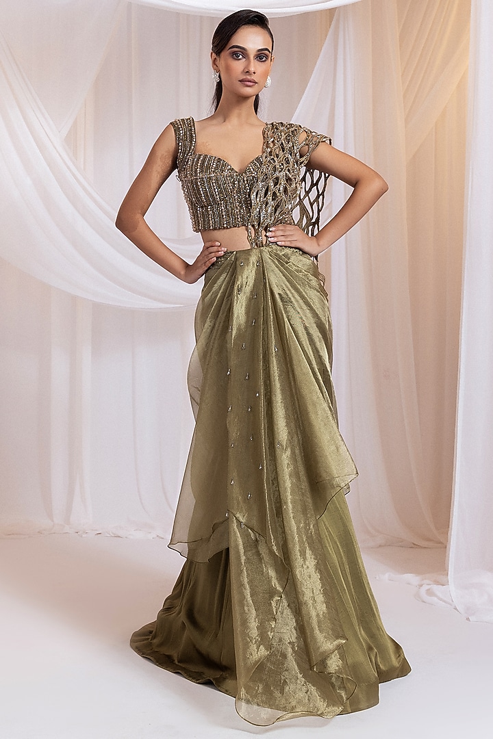 Olive Tissue & Modal Satin Cutwork Pre-Draped Wedding Saree Set by Smriti by Anju Agarwal at Pernia's Pop Up Shop