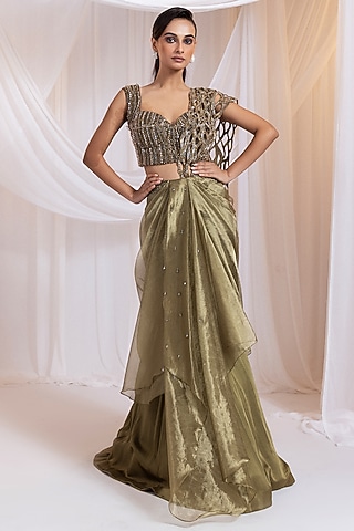 Olive Tissue & Modal Satin Cutwork Pre-Draped Saree Set by Smriti by Anju Agarwal