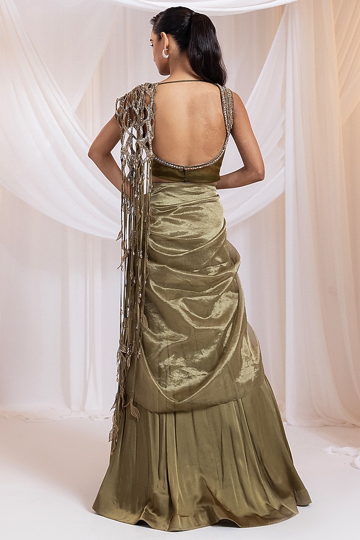 Olive Tissue & Modal Satin Cutwork Pre-Draped Wedding Saree Set by Smriti by Anju Agarwal at Pernia's Pop Up Shop