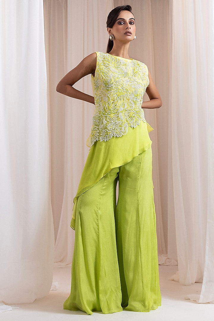 Lime Yellow Organza Cutdana Embroidered Jacket Set by Smriti by Anju Agarwal at Pernia's Pop Up Shop