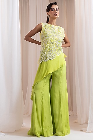 Lime Yellow Organza Cutdana Embroidered Jacket Set by Smriti by Anju Agarwal