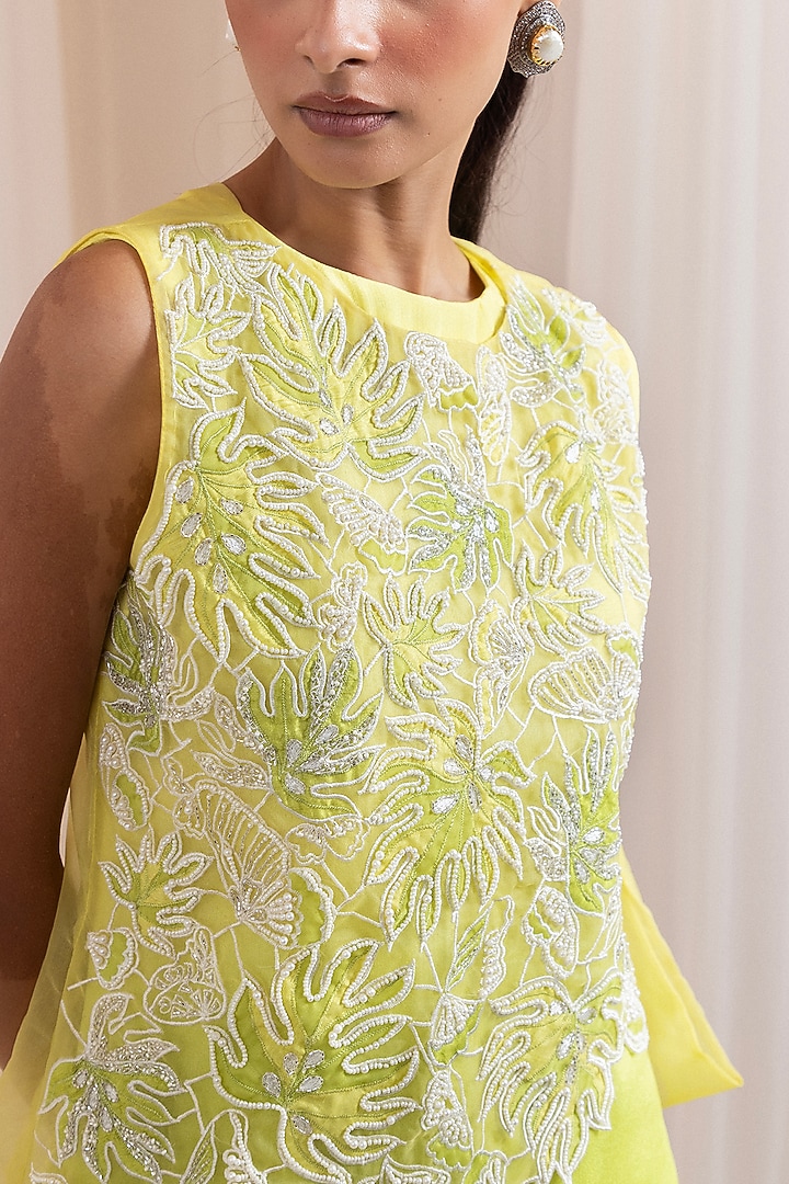 Lime Yellow Organza Cutdana Embroidered Jacket Set by Smriti by Anju Agarwal at Pernia's Pop Up Shop