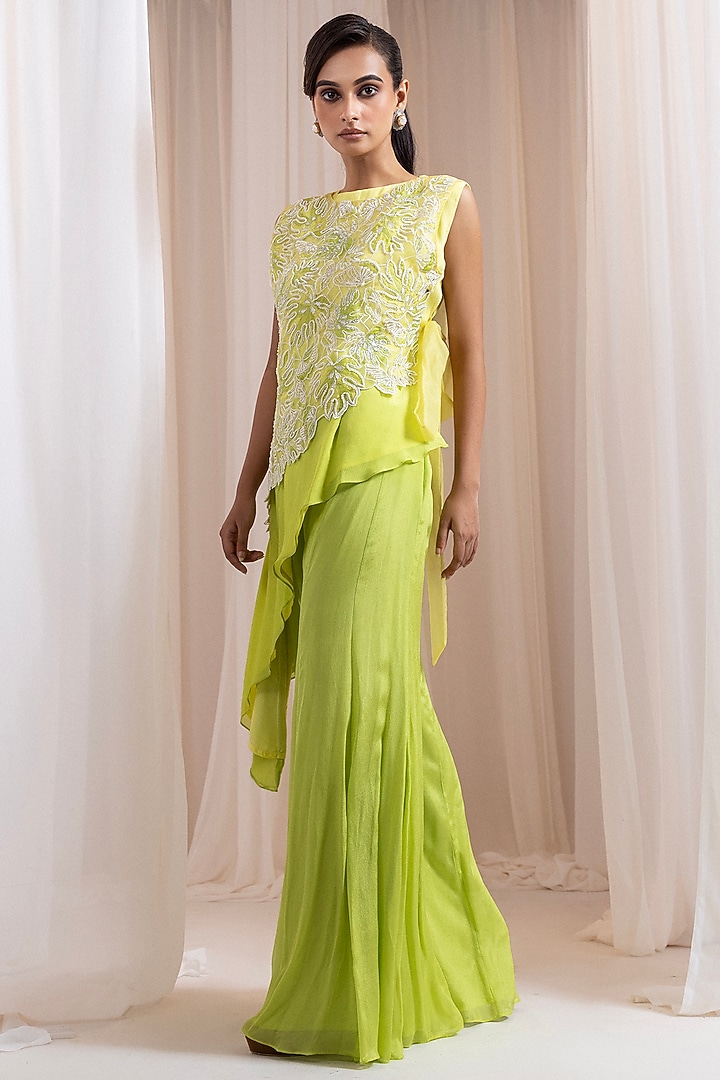 Lime Yellow Organza Cutdana Embroidered Jacket Set by Smriti by Anju Agarwal at Pernia's Pop Up Shop