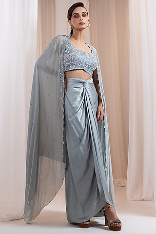 Grey Modal Satin Draped Skirt Set by Smriti by Anju Agarwal