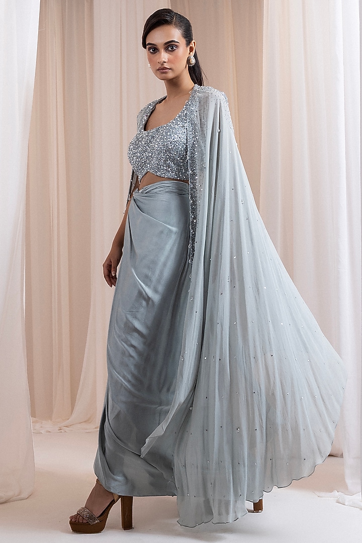 Grey Modal Satin Draped Skirt Set by Smriti by Anju Agarwal at Pernia's Pop Up Shop