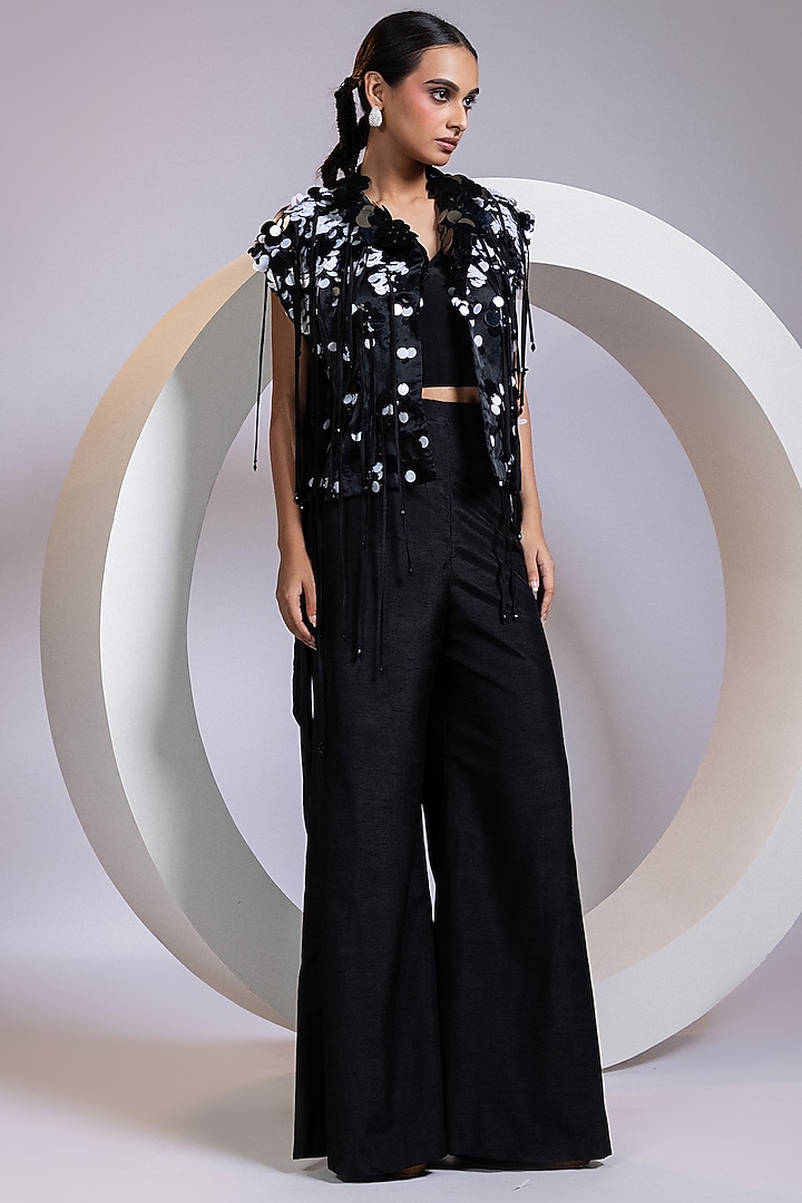 Black Organza Cutdana Embellished Jacket Set by Smriti by Anju Agarwal at Pernia's Pop Up Shop