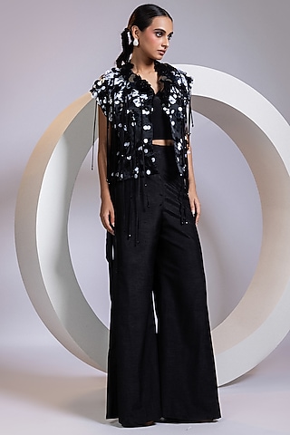 Black Organza Cutdana Embellished Jacket Set by Smriti by Anju Agarwal