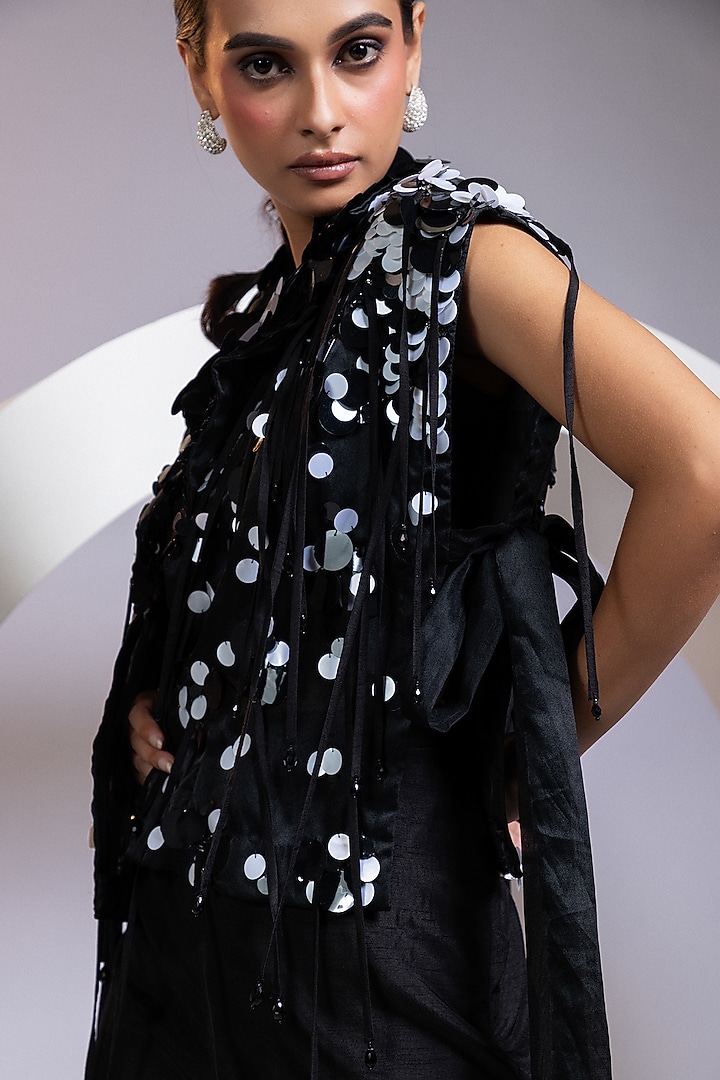 Black Organza Cutdana Embellished Jacket Set by Smriti by Anju Agarwal at Pernia's Pop Up Shop