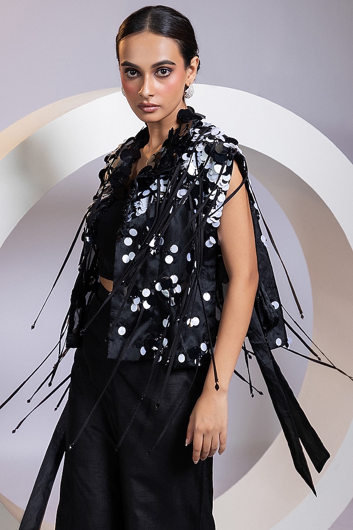 Black Organza Cutdana Embellished Jacket Set by Smriti by Anju Agarwal at Pernia's Pop Up Shop