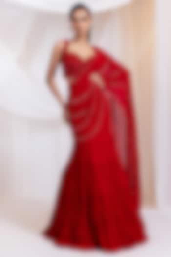 Ruby Red Georgette Ruffled Pre-Draped Wedding Saree Set by Smriti by Anju Agarwal at Pernia's Pop Up Shop