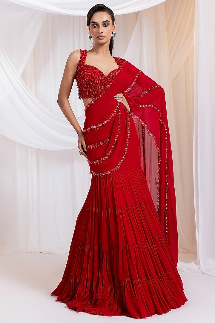 Ruby Red Georgette Ruffled Pre-Draped Wedding Saree Set by Smriti by Anju Agarwal at Pernia's Pop Up Shop