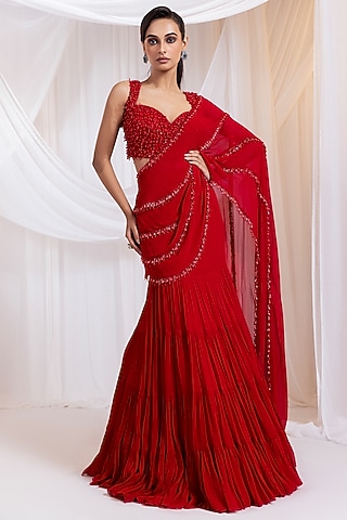 Ruby Red Georgette Ruffled Pre-Draped Saree Set by Smriti by Anju Agarwal
