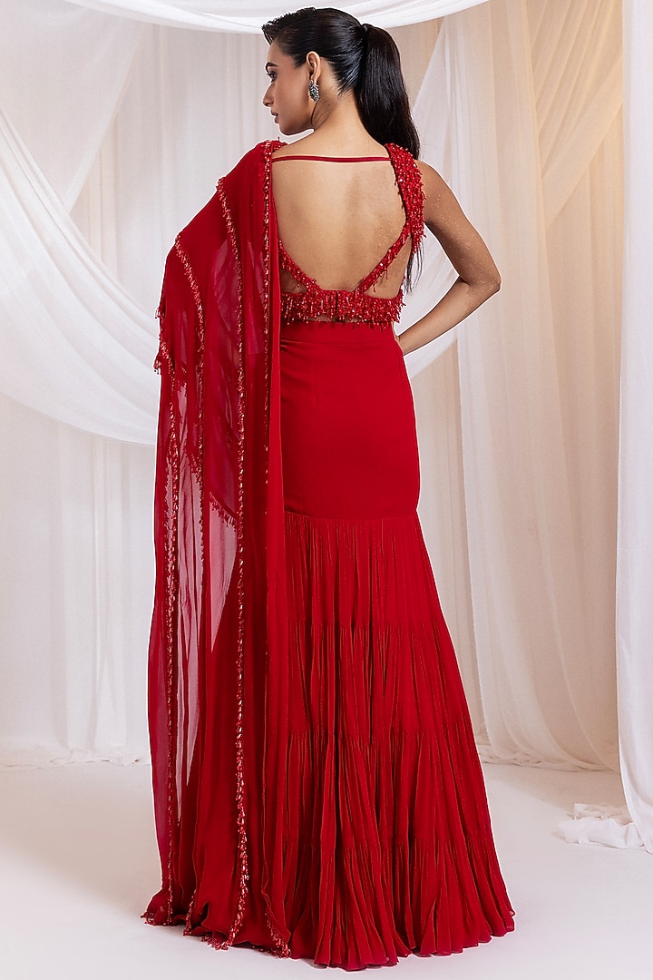 Ruby Red Georgette Ruffled Pre-Draped Wedding Saree Set by Smriti by Anju Agarwal at Pernia's Pop Up Shop