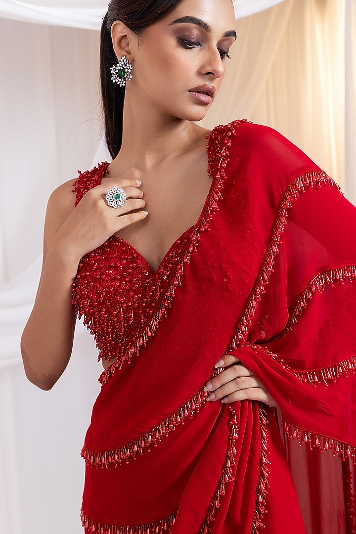 Ruby Red Georgette Ruffled Pre-Draped Wedding Saree Set by Smriti by Anju Agarwal at Pernia's Pop Up Shop