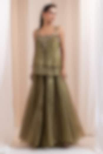 Olive Green Tissue Flared Pant Set by Smriti by Anju Agarwal at Pernia's Pop Up Shop