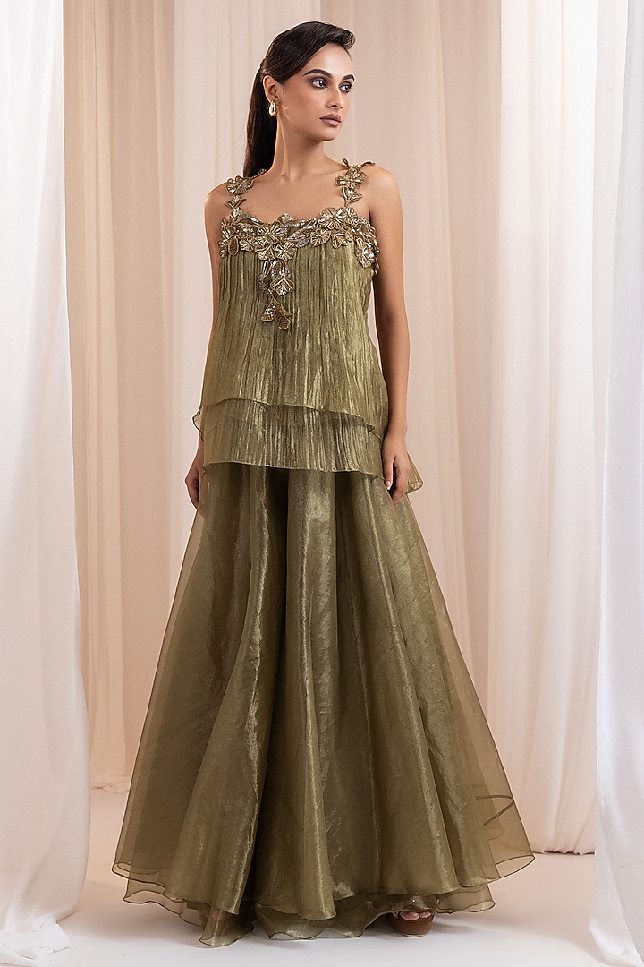 Olive Green Tissue Flared Pant Set by Smriti by Anju Agarwal at Pernia's Pop Up Shop