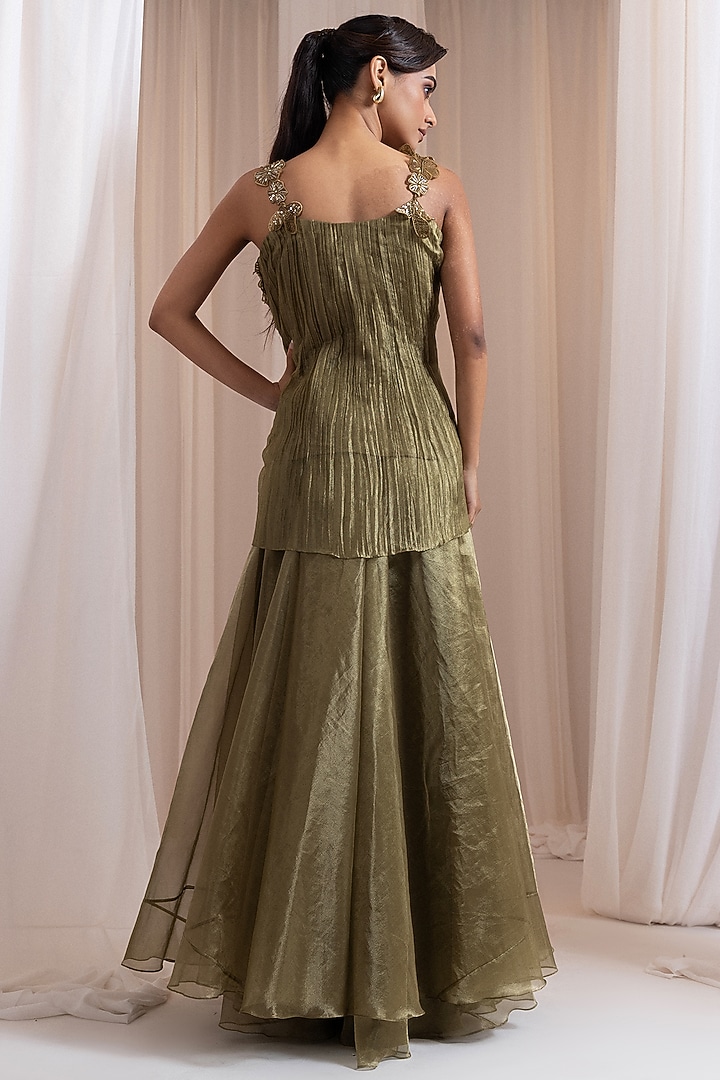 Olive Green Tissue Flared Pant Set by Smriti by Anju Agarwal at Pernia's Pop Up Shop