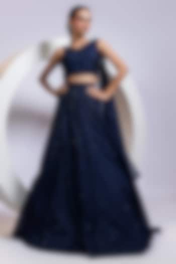 Navy Blue Organza Crystal Embellished Draped Wedding Lehenga Set by Smriti by Anju Agarwal at Pernia's Pop Up Shop