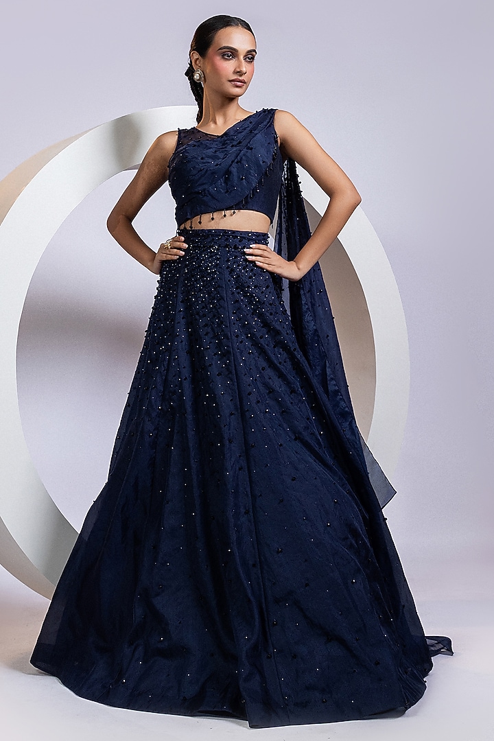 Navy Blue Organza Crystal Embellished Draped Wedding Lehenga Set by Smriti by Anju Agarwal at Pernia's Pop Up Shop