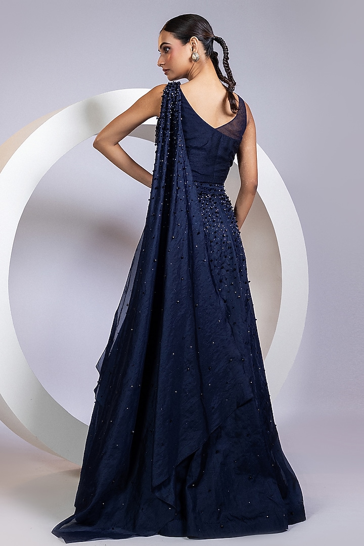 Navy Blue Organza Crystal Embellished Draped Wedding Lehenga Set by Smriti by Anju Agarwal at Pernia's Pop Up Shop