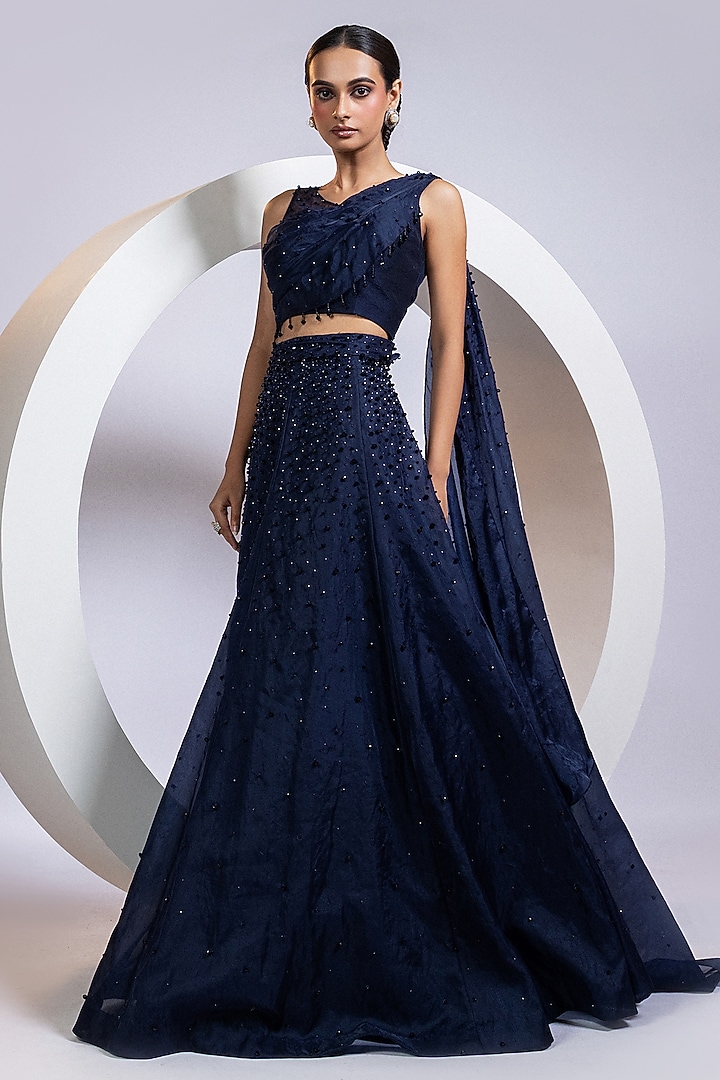 Navy Blue Organza Crystal Embellished Draped Wedding Lehenga Set by Smriti by Anju Agarwal at Pernia's Pop Up Shop