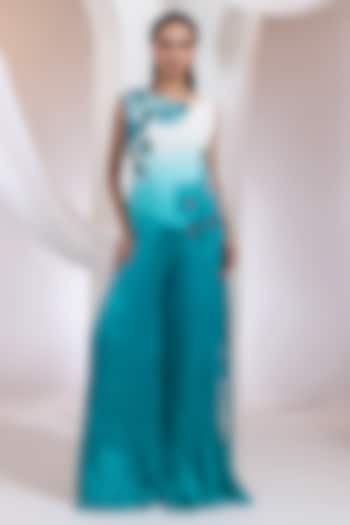 Ivory & Aqua Chinon Pant Set by Smriti by Anju Agarwal at Pernia's Pop Up Shop