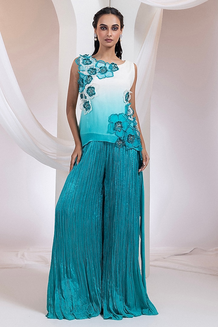 Ivory & Aqua Chinon Pant Set by Smriti by Anju Agarwal at Pernia's Pop Up Shop