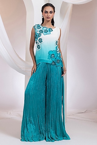 Ivory & Aqua Chinon Pant Set by Smriti by Anju Agarwal