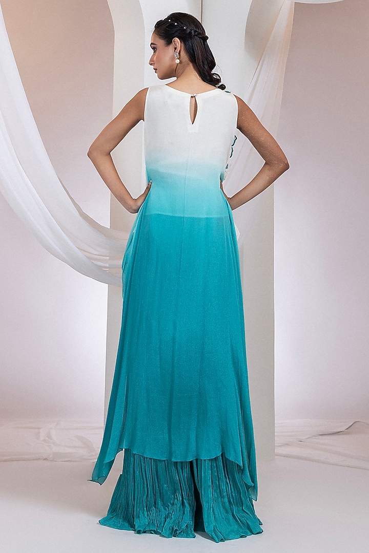Ivory & Aqua Chinon Pant Set by Smriti by Anju Agarwal at Pernia's Pop Up Shop