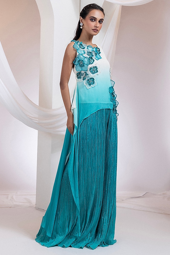 Ivory & Aqua Chinon Pant Set by Smriti by Anju Agarwal at Pernia's Pop Up Shop