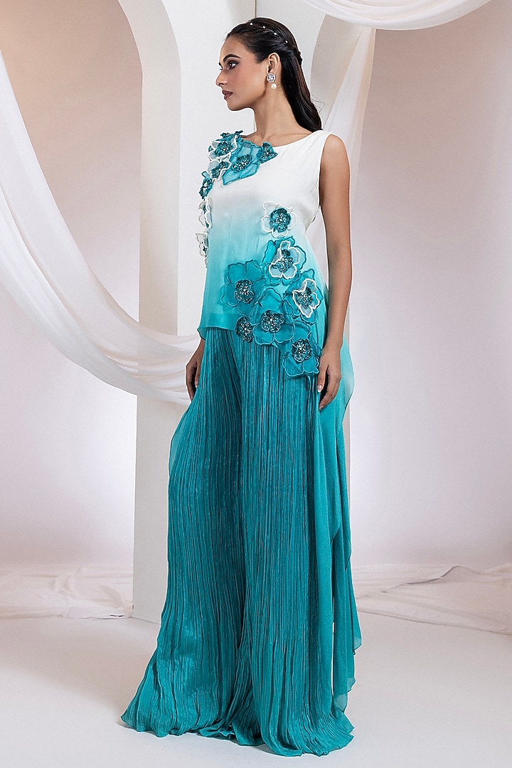 Ivory & Aqua Chinon Pant Set by Smriti by Anju Agarwal at Pernia's Pop Up Shop