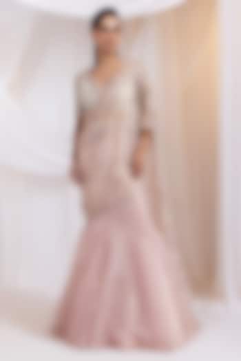 Blush Champagne Organza Embroidered Draped Wedding Lehenga Set by Smriti by Anju Agarwal at Pernia's Pop Up Shop