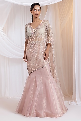 Blush Champagne Organza Embroidered Draped Lehenga Set by Smriti by Anju Agarwal