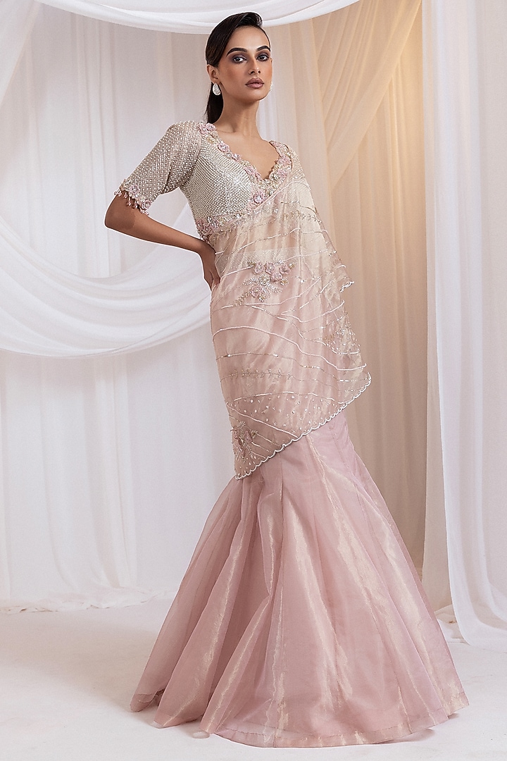 Blush Champagne Organza Embroidered Draped Wedding Lehenga Set by Smriti by Anju Agarwal at Pernia's Pop Up Shop