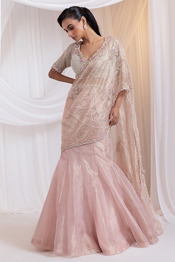 Blush Champagne Organza Embroidered Draped Wedding Lehenga Set by Smriti by Anju Agarwal at Pernia's Pop Up Shop