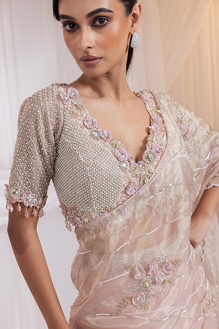 Blush Champagne Organza Embroidered Draped Wedding Lehenga Set by Smriti by Anju Agarwal at Pernia's Pop Up Shop