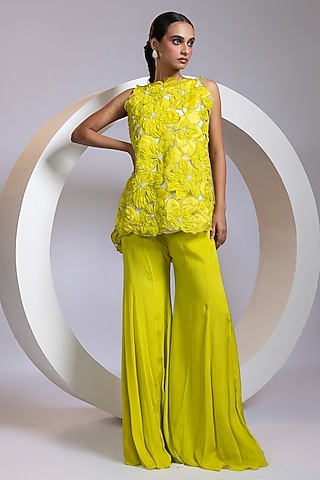 Chartreuse Yellow Organza Pant Set by Smriti by Anju Agarwal