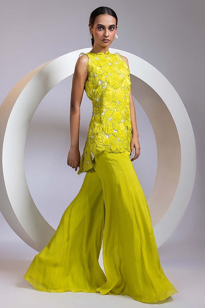 Chartreuse Yellow Organza Pant Set by Smriti by Anju Agarwal at Pernia's Pop Up Shop