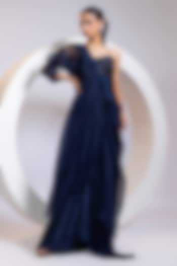 Navy Silk & Satin Chinon Crystal Work Jacket Vacation Dress by Smriti by Anju Agarwal at Pernia's Pop Up Shop