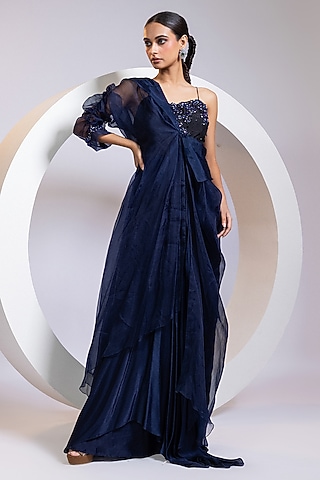 Navy Silk & Satin Chinon Crystal Work Jacket Dress by Smriti by Anju Agarwal