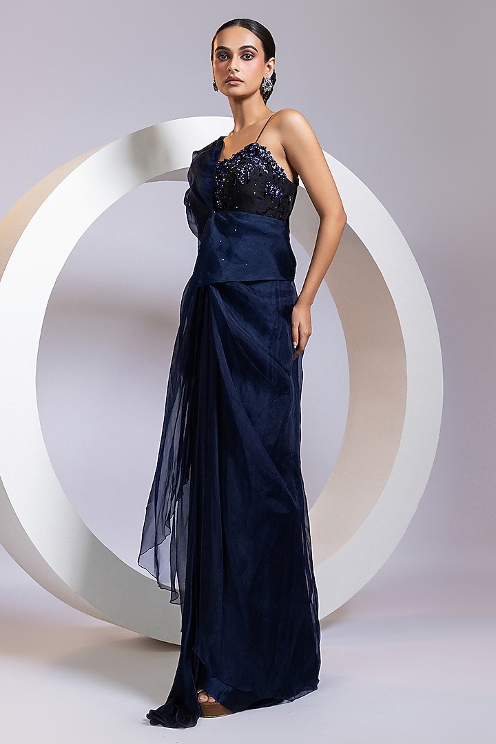 Navy Silk & Satin Chinon Crystal Work Jacket Vacation Dress by Smriti by Anju Agarwal at Pernia's Pop Up Shop