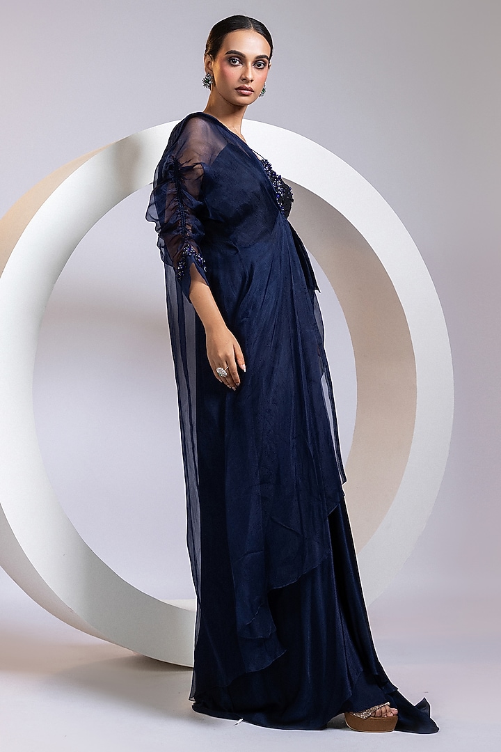 Navy Silk & Satin Chinon Crystal Work Jacket Vacation Dress by Smriti by Anju Agarwal at Pernia's Pop Up Shop