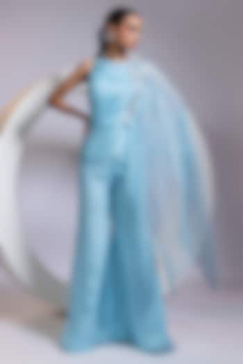Blue Chinon Palazzo Pant Set by Smriti by Anju Agarwal at Pernia's Pop Up Shop