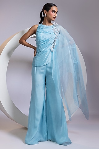 Blue Chinon Palazzo Pant Set by Smriti by Anju Agarwal