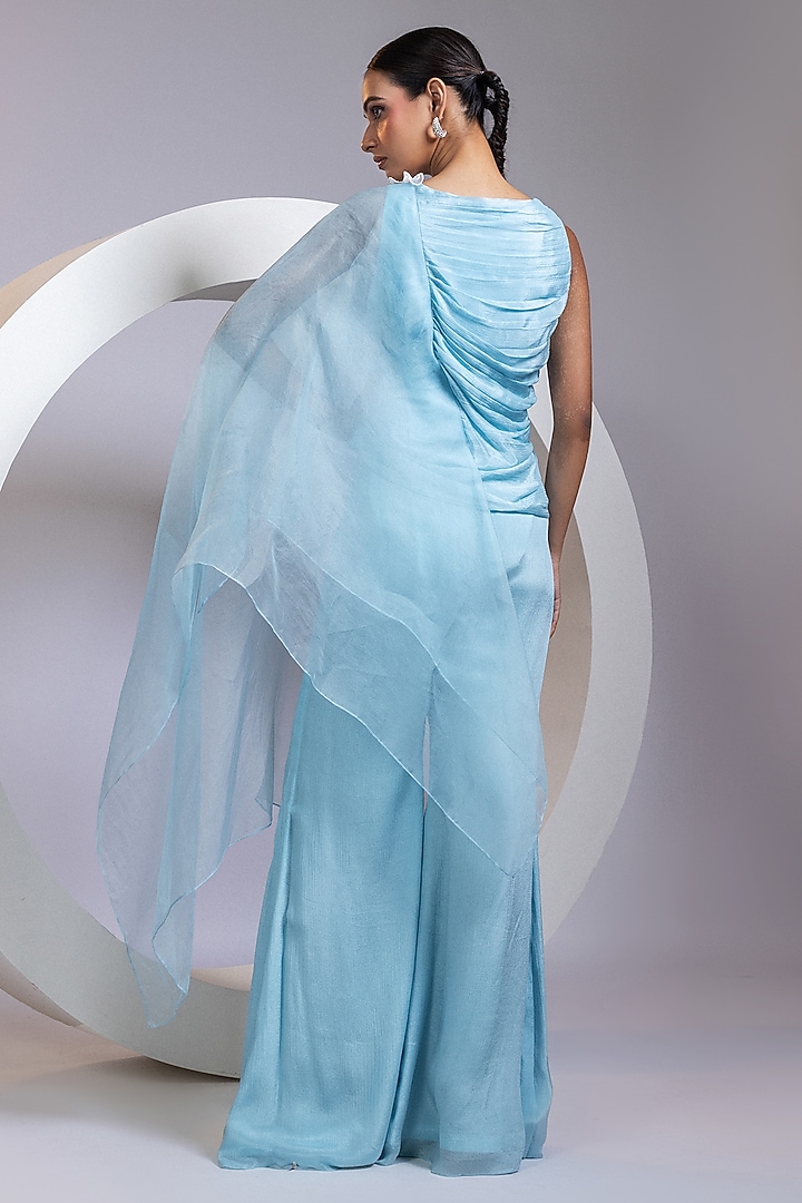 Blue Chinon Palazzo Pant Set by Smriti by Anju Agarwal at Pernia's Pop Up Shop