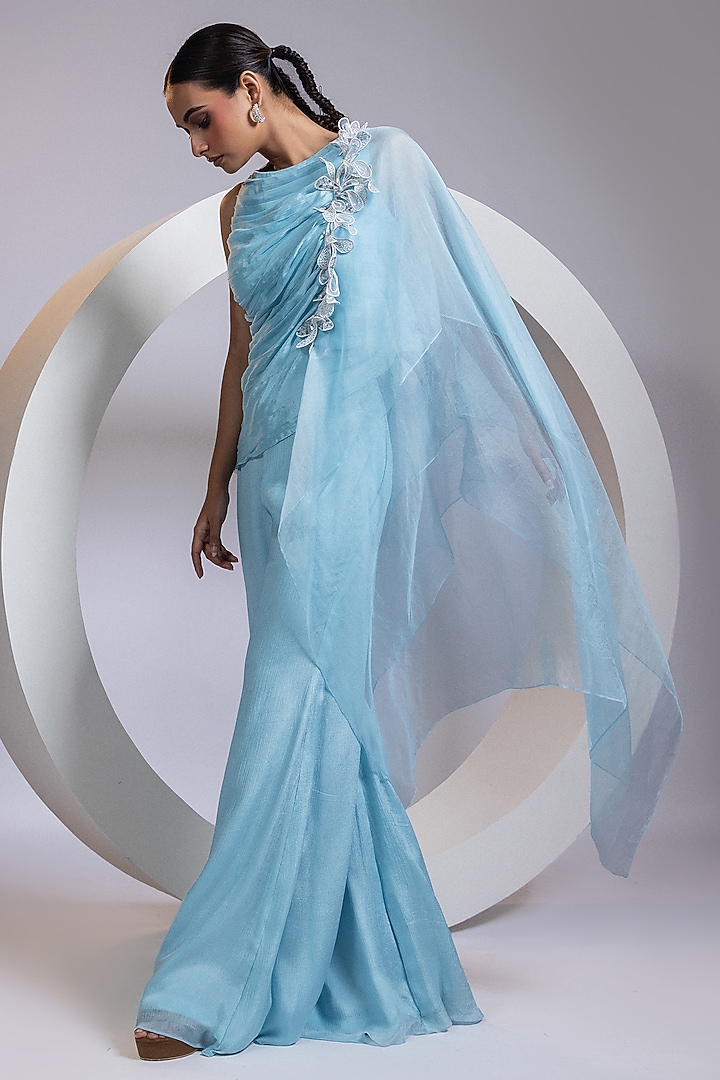 Blue Chinon Palazzo Pant Set by Smriti by Anju Agarwal at Pernia's Pop Up Shop