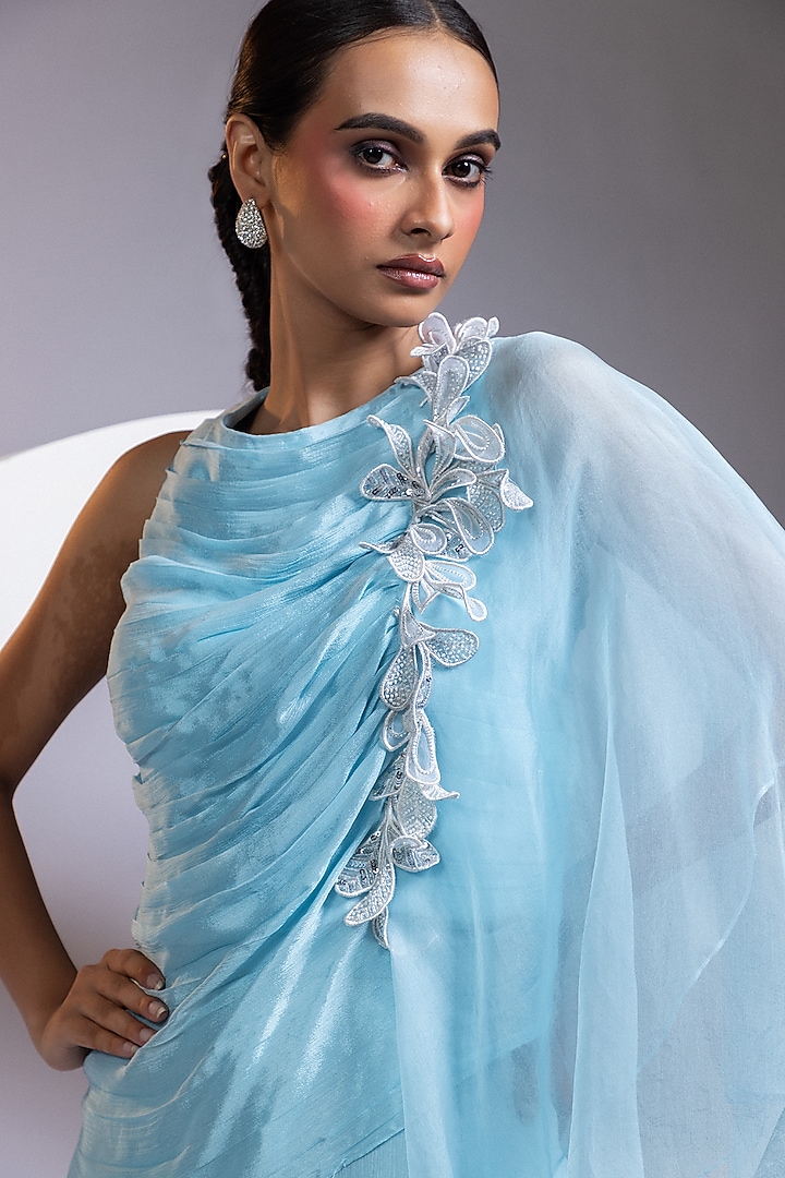 Blue Chinon Palazzo Pant Set by Smriti by Anju Agarwal at Pernia's Pop Up Shop