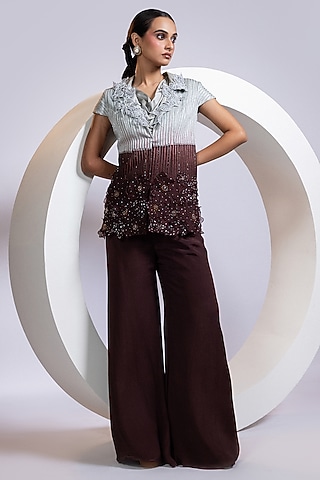 Grey & Brown Ombre Silk 3D Floral Jacket Set by Smriti by Anju Agarwal