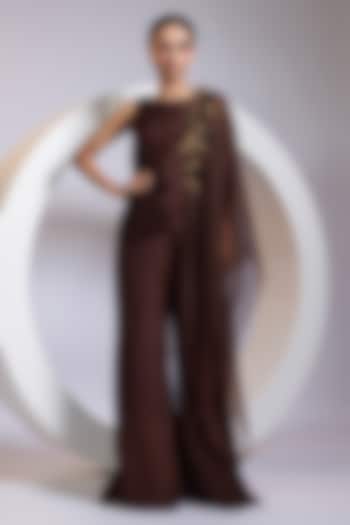 Brown Chinon Palazzo Pant Set by Smriti by Anju Agarwal at Pernia's Pop Up Shop