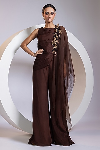 Brown Chinon Palazzo Pant Set by Smriti by Anju Agarwal